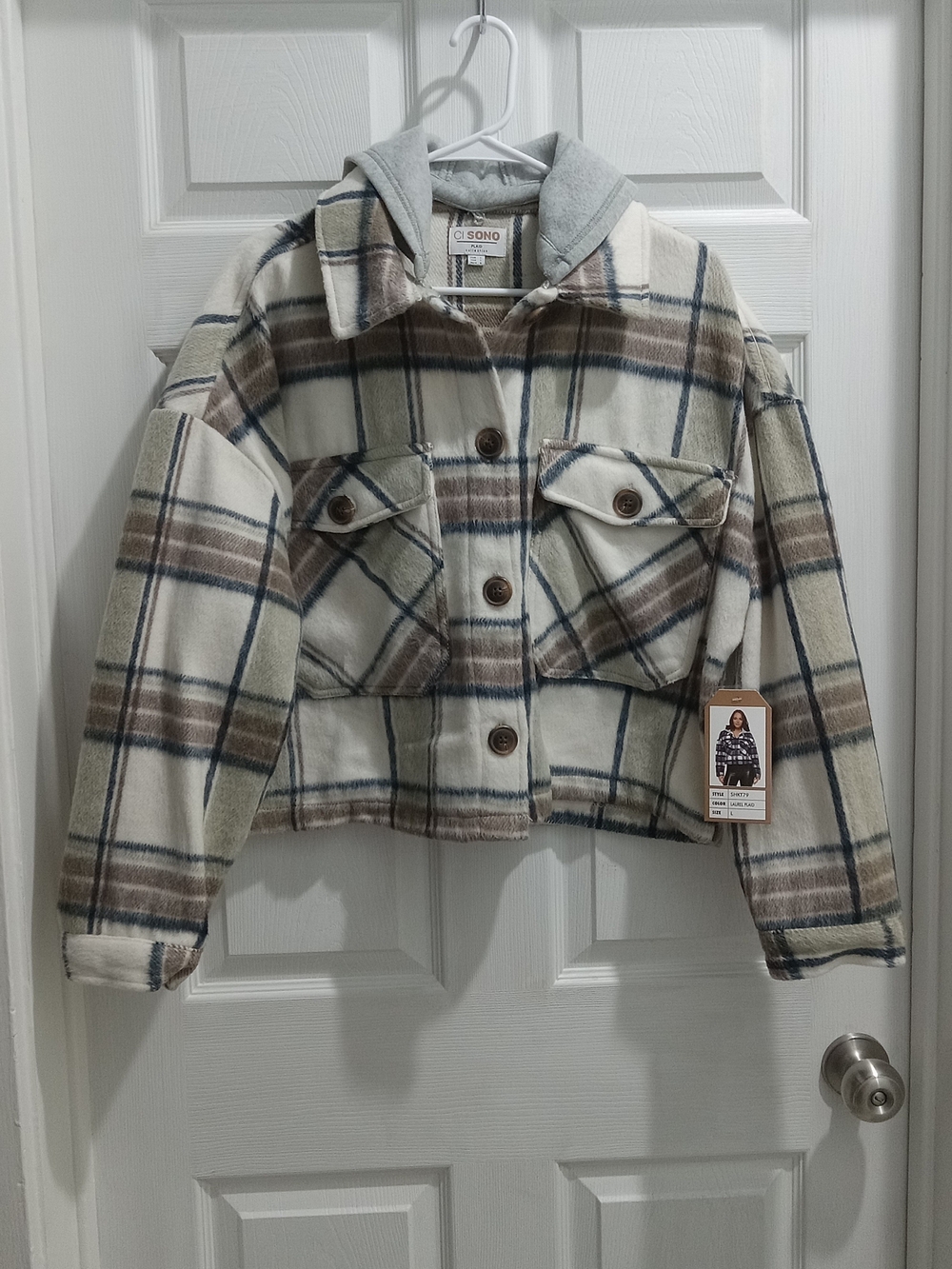 Womens Ci Sono Cream Plaid Jacket with Gray Hood